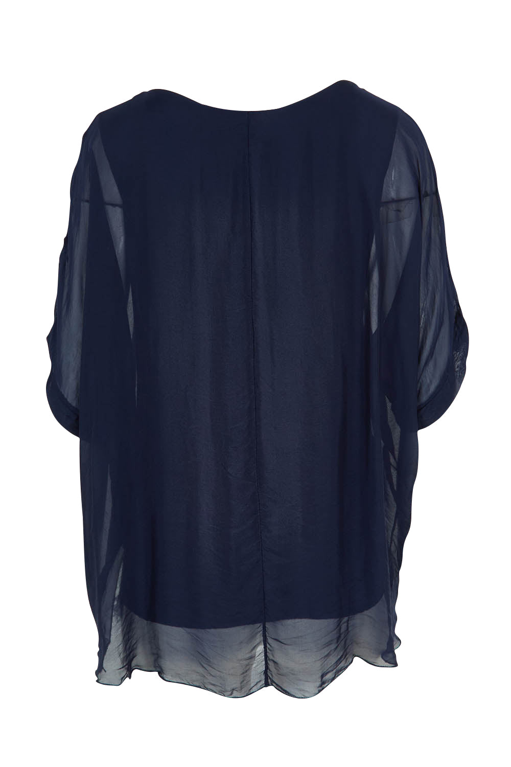 Product shot of the Silk Blend Three Layer Raw Edge Top in colour Navy (Blue), from the back