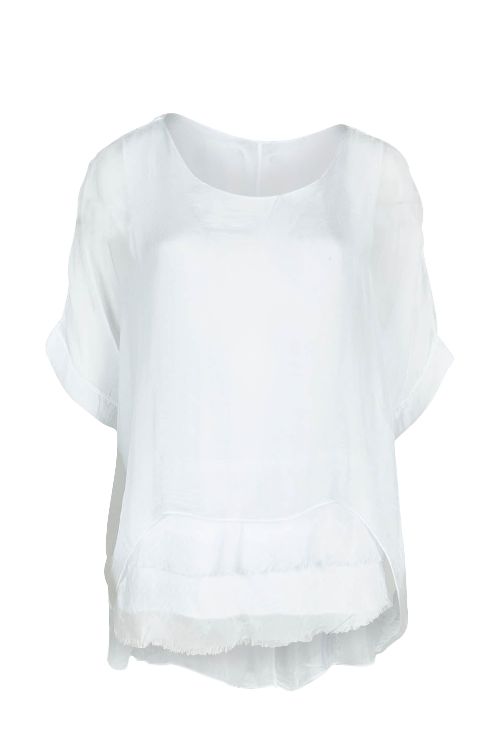 Product shot of the Silk Blend Three Layer Raw Edge Top in colour White (White), from the front