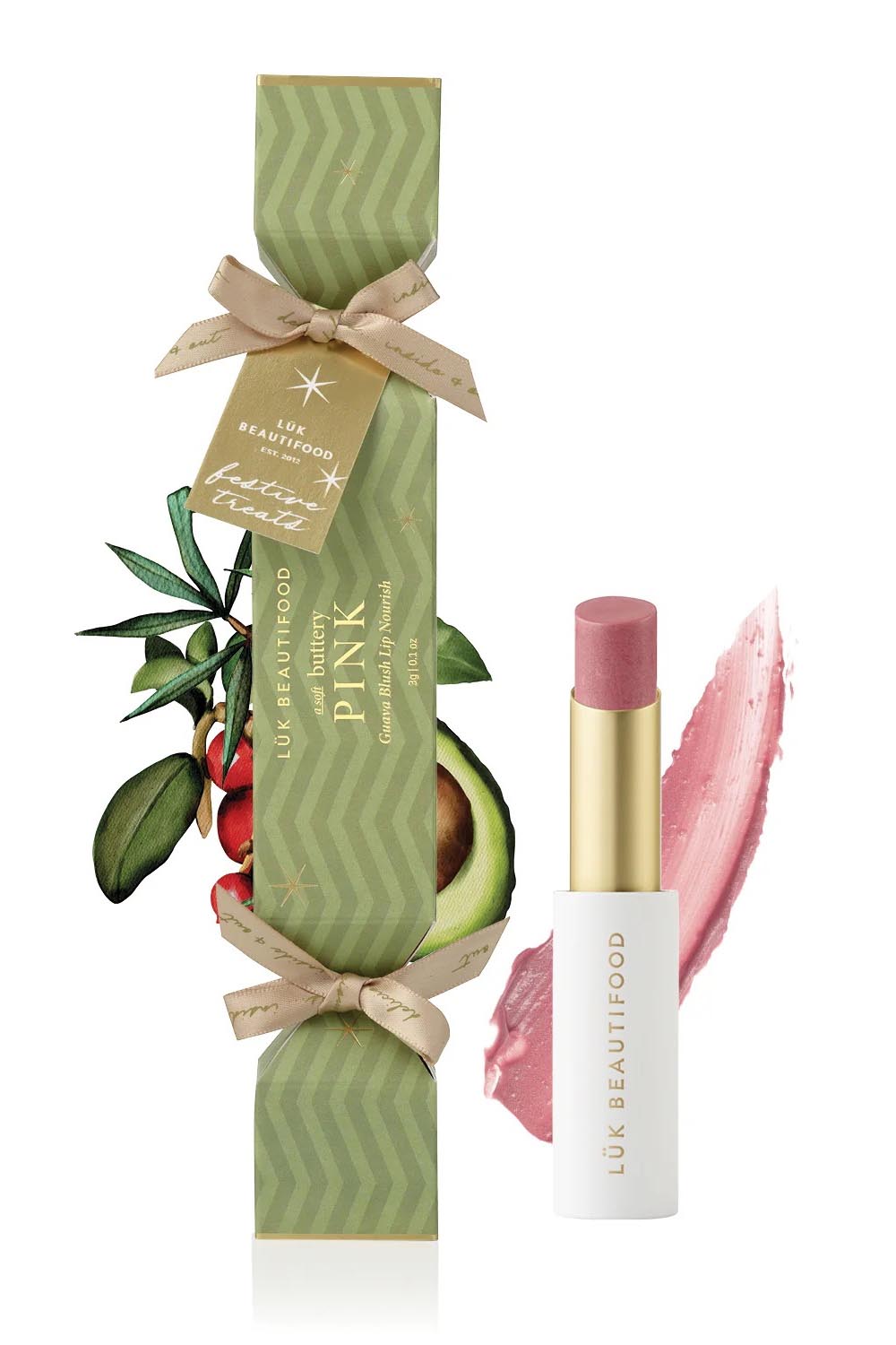 A model wearing the Lip Nourish Bon Bons 2025 in colour Guavablush (Pink), from the front, showing the whole outfit