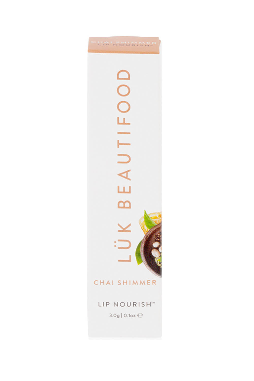 Product shot of the Chai Shimmer Lip Nourish in colour Chai, from the front