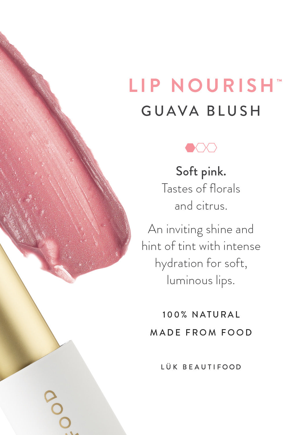 Product shot of the Guava Blush Lip Nourish in colour Guavablush (Pink), detail