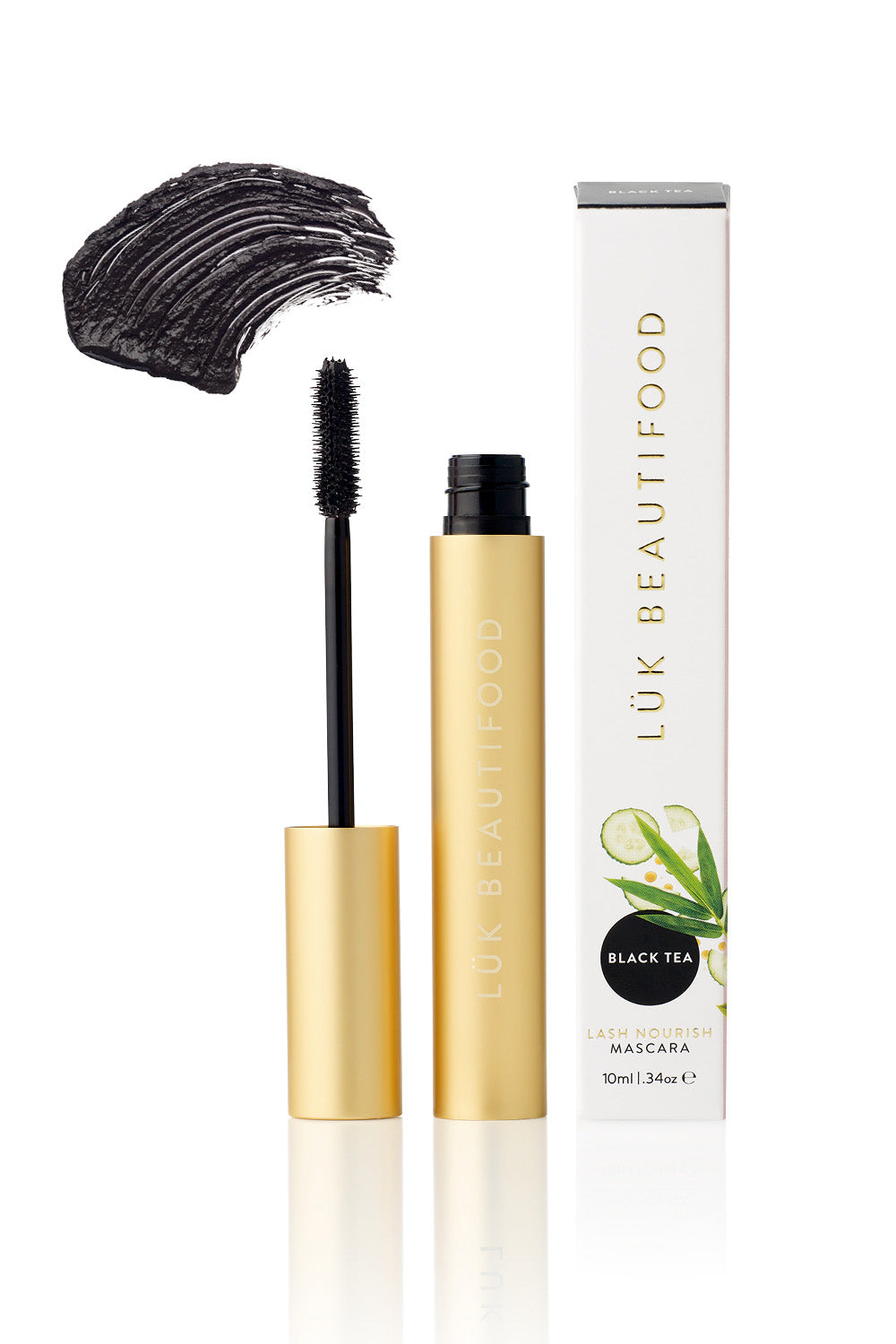 Product shot of the Lash Nourish Mascara in colour Blacktea (Black), from the front