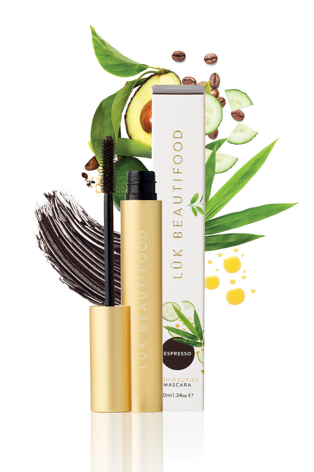 Product shot of the Lash Nourish Mascara in colour Espresso, detail