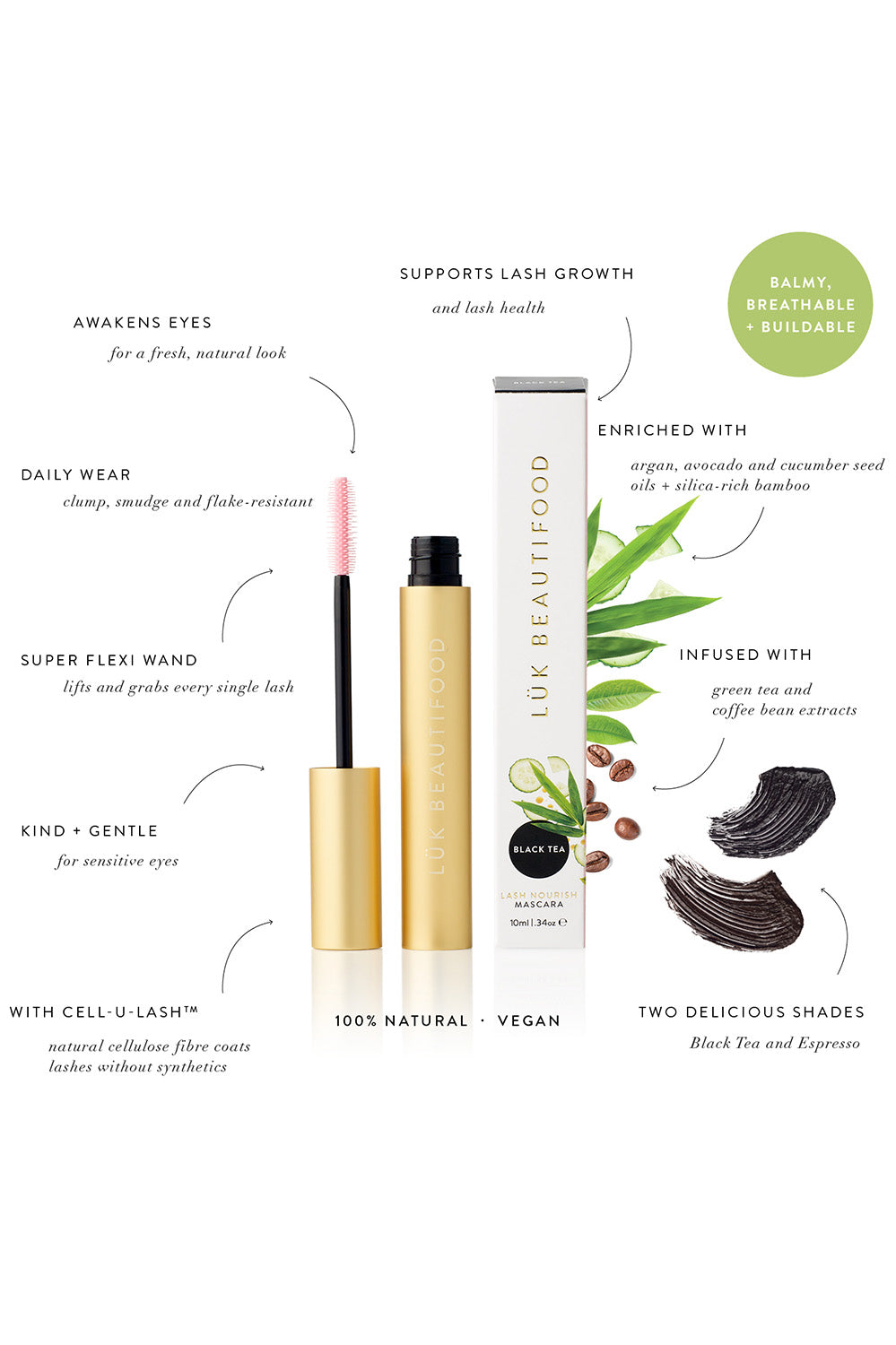 Product shot of the Lash Nourish Mascara in colour Espresso, detail