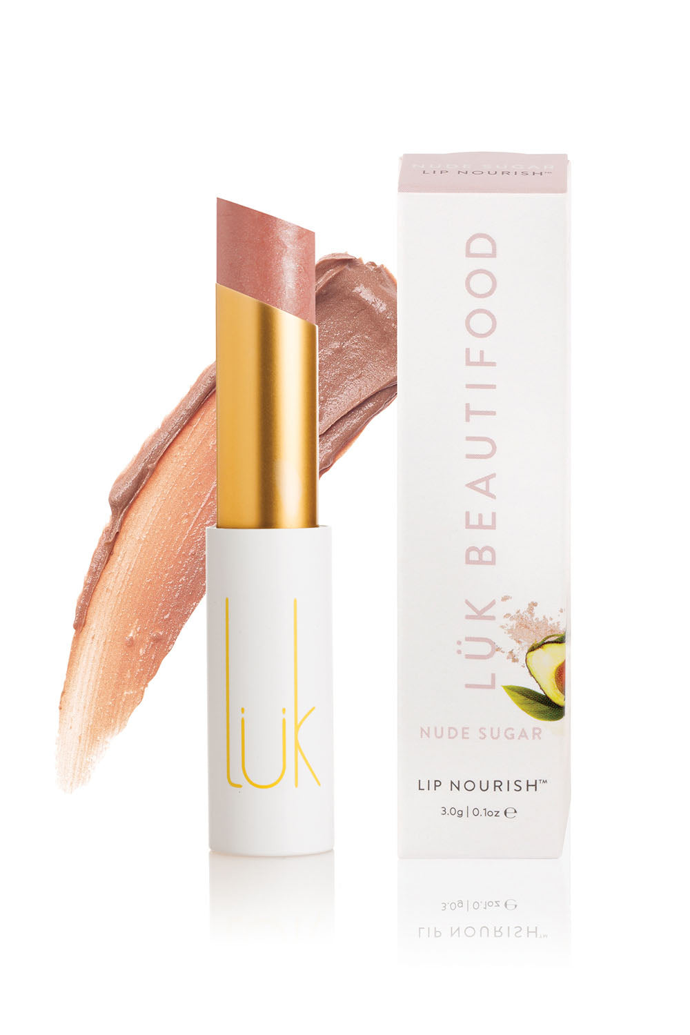 A model wearing the Nude Sugar Lip Nourish in colour Nudesugar (Pink), from the front, showing the whole outfit