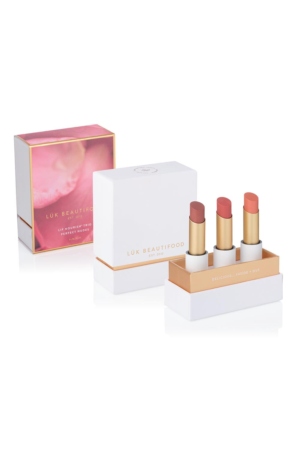 A model wearing the Lip Nourish Trio in colour Nudes, from the front, showing the whole outfit