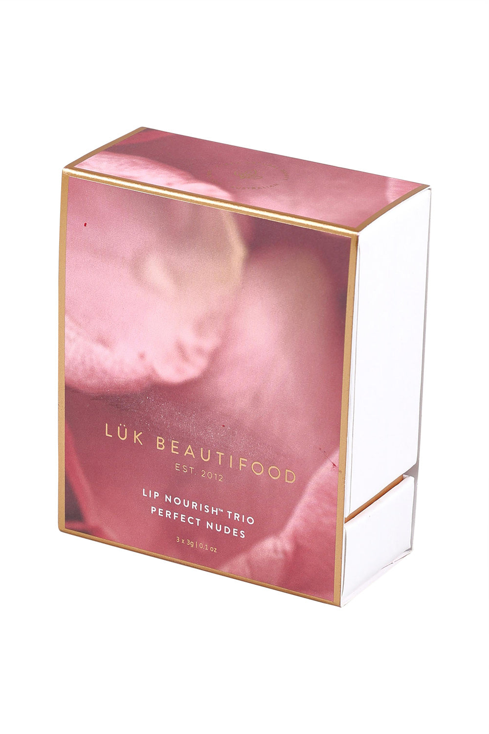 Product shot of the Lip Nourish Trio in colour Nudes, from the front
