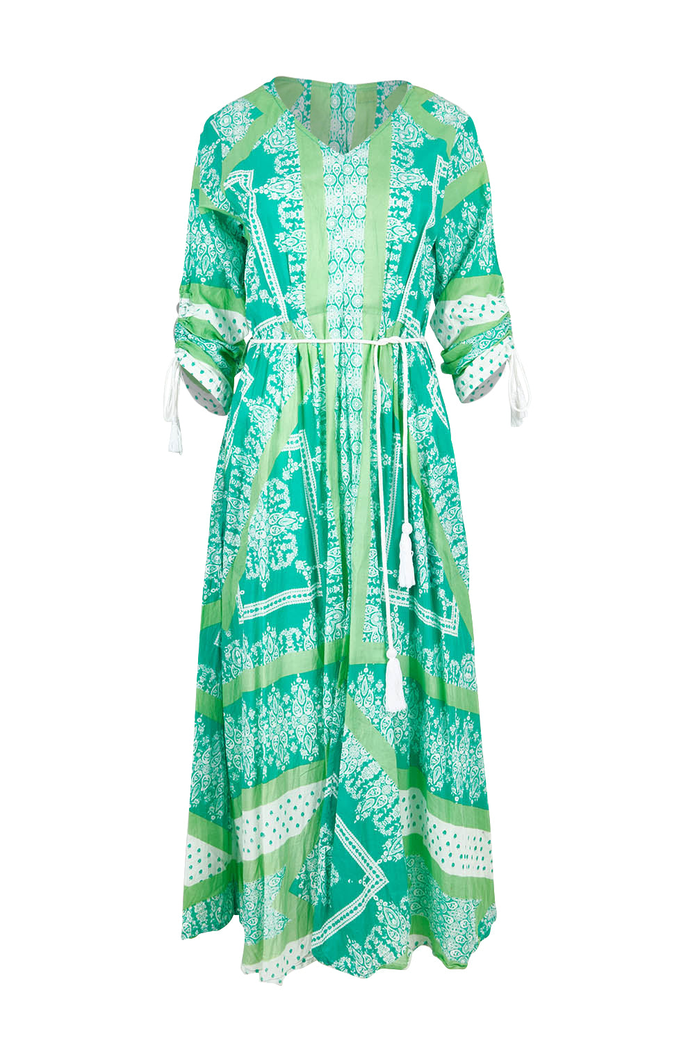 Product shot of the Bandana Cotton Maxi Dress in colour Sea (Green), from the front