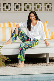 Model Stacey wearing size S of the Blair Pant in colour Navy (Blue), from the front, showing the whole outfit