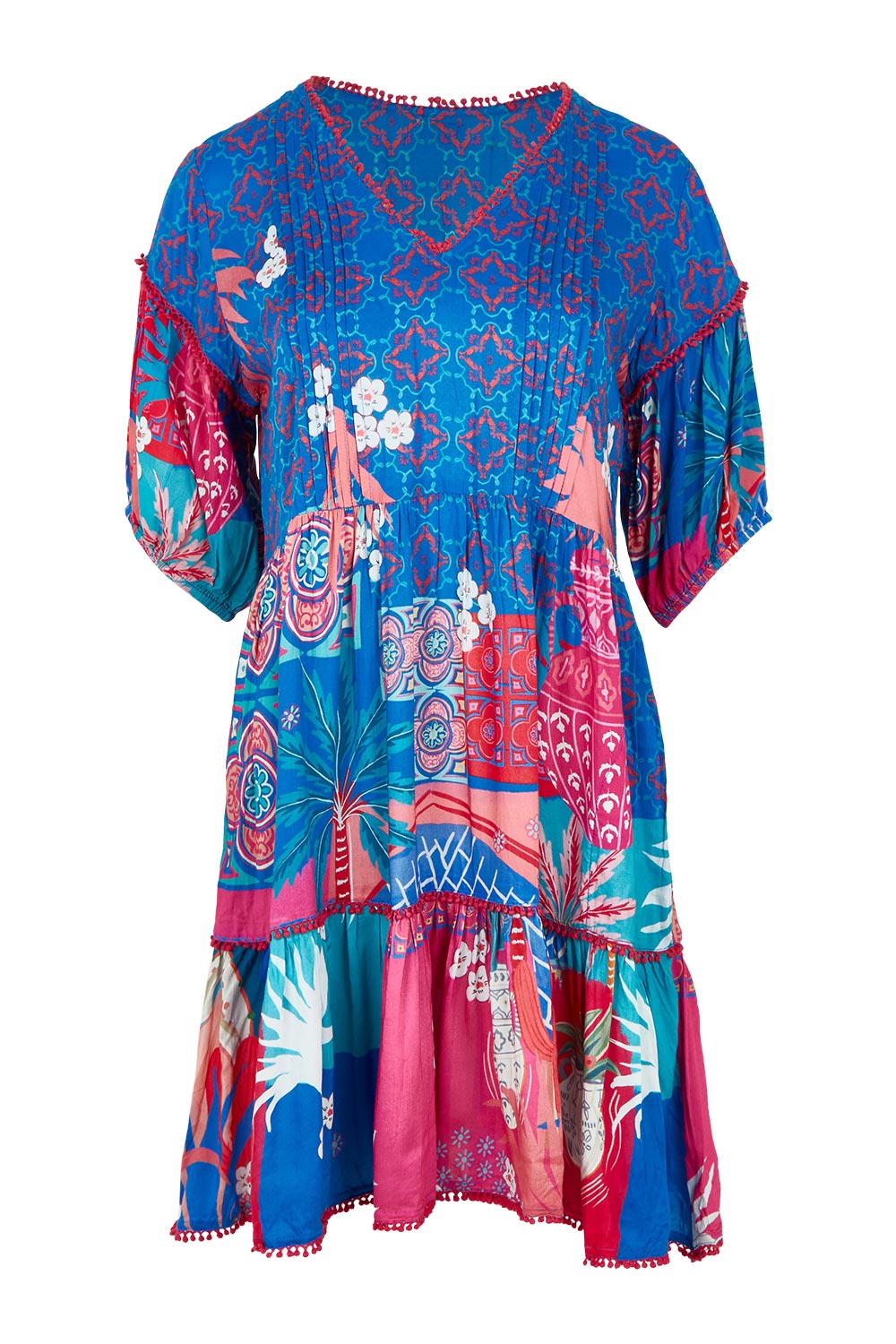 Product shot of the Busena Dress in colour Ocean, from the front