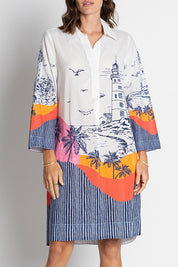 A model wearing the Byron Cotton Shirtmaker Dress in colour Print, from the front, cropped image