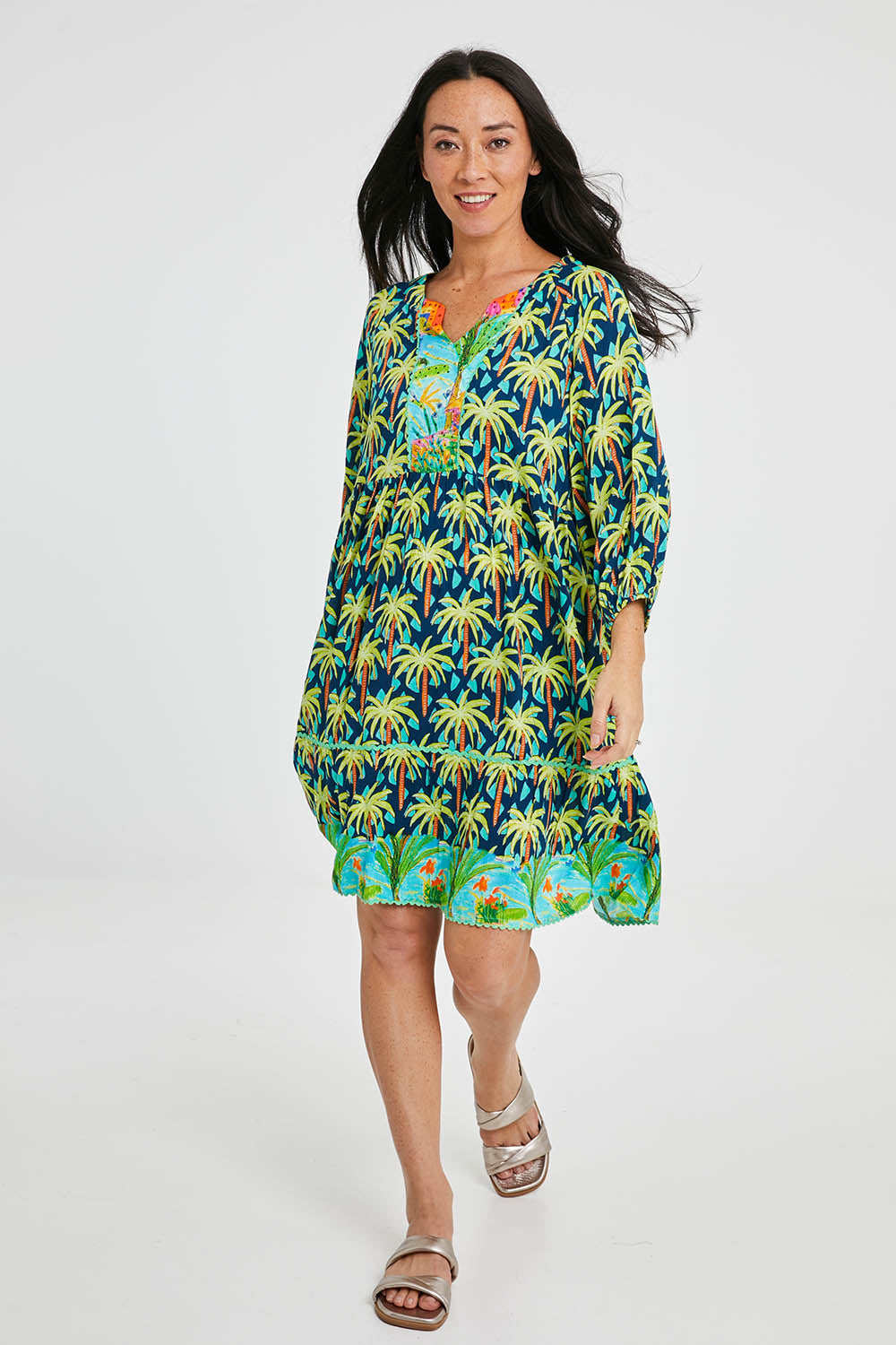 Model Katie wearing size S of the Haiti Tiered Dress in colour Navy (Blue), from the front, showing the whole outfit