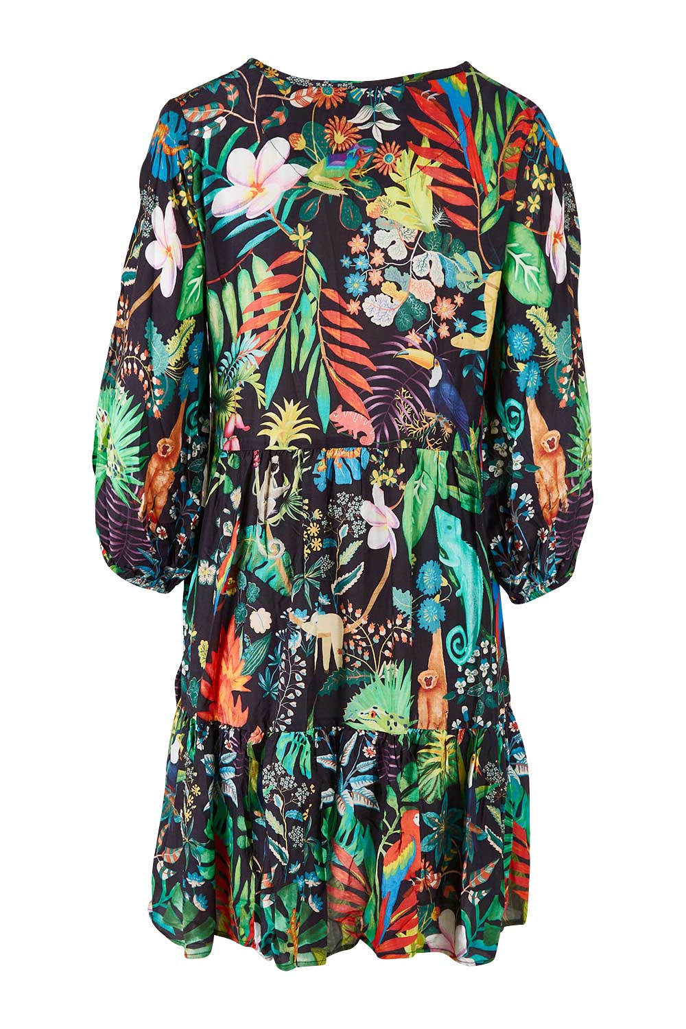 Product shot of the Lucile Tiered Dress in colour Midnight (Black), from the back
