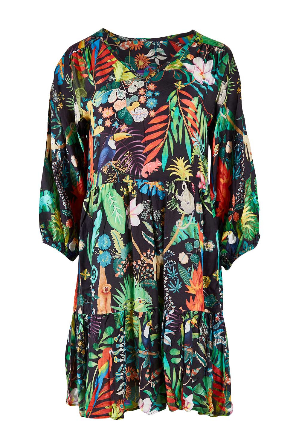 Product shot of the Lucile Tiered Dress in colour Midnight (Black), from the front