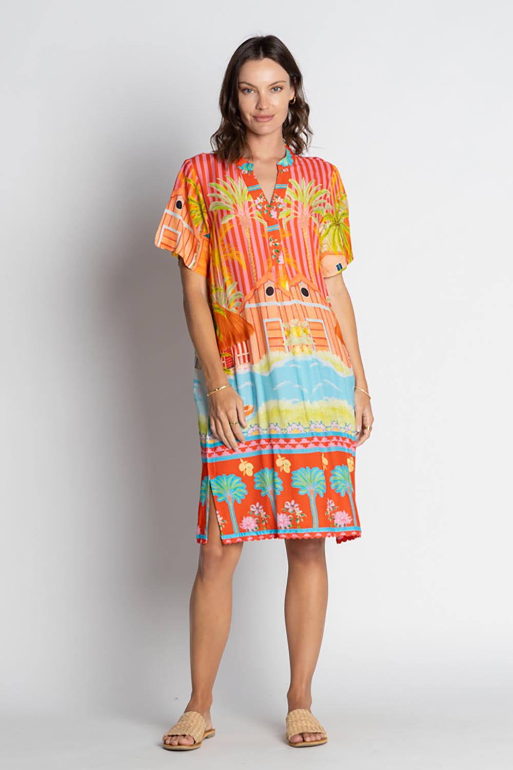 A model wearing the Mardiva Shift Dress in colour Melon, from the front, showing the whole outfit