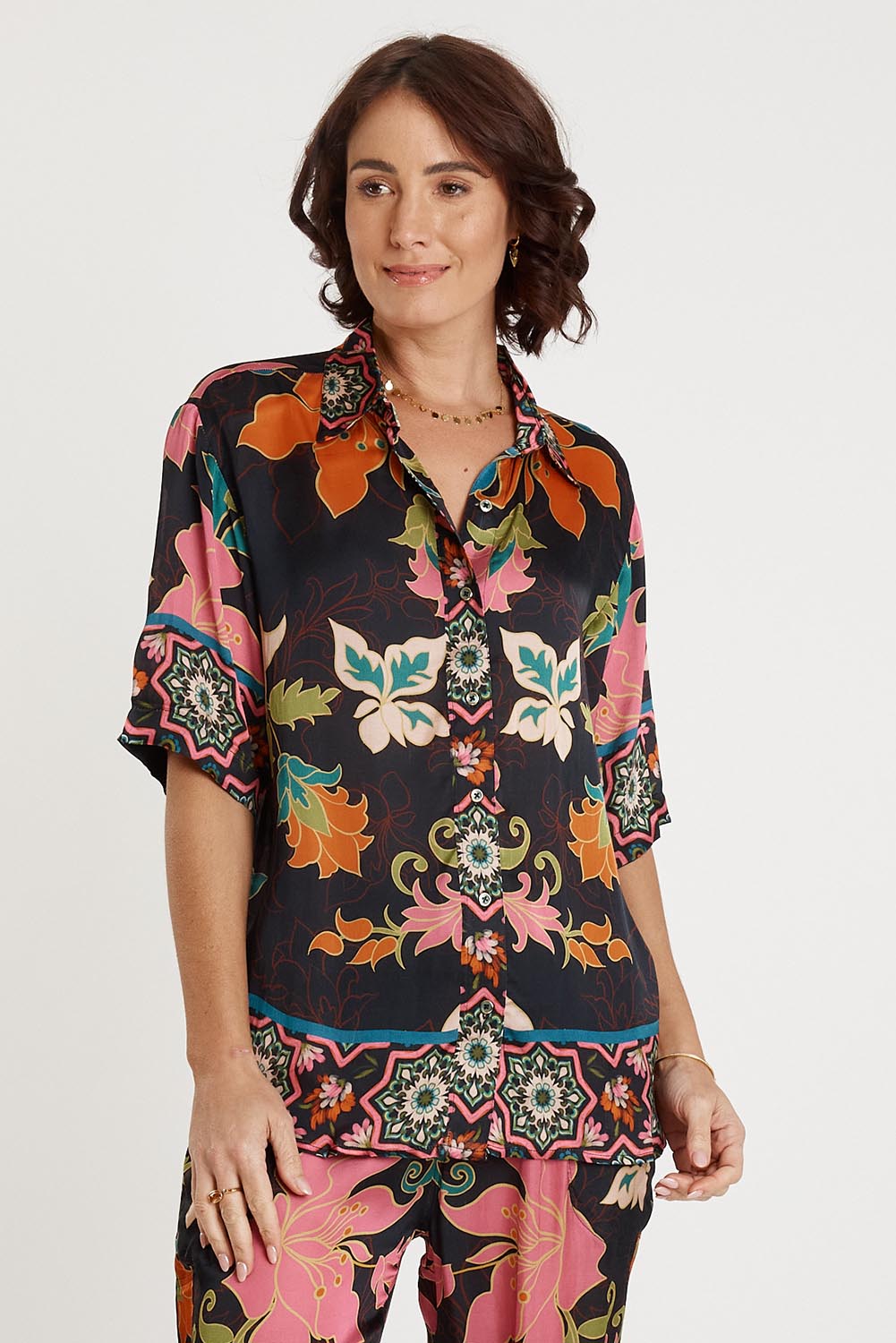 A model wearing the Marquis Modal Blend Top in colour Black (Black), from the front, cropped image