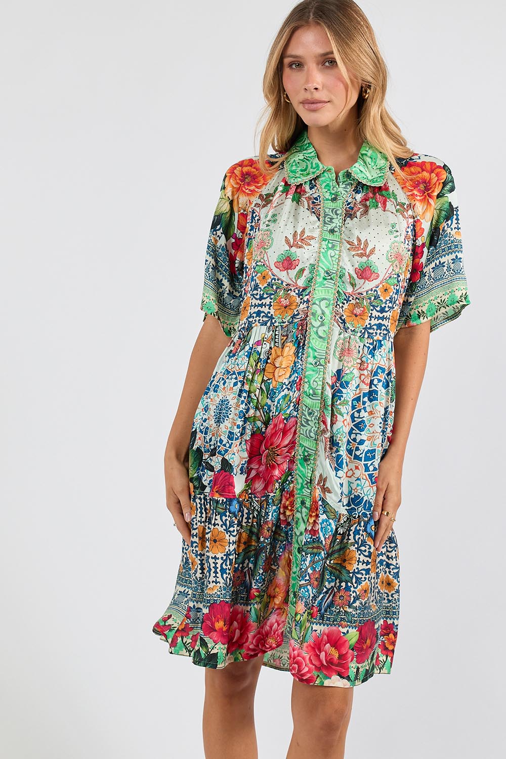 Model Genericm wearing size sample of the Miraval Dress – Mint in colour Mint, in a cropped view