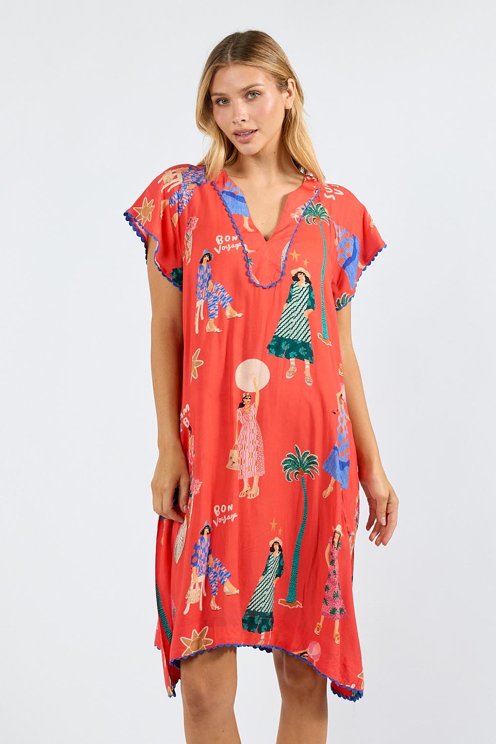 Model Genericm wearing size sample of the Summer Vibes Dress – Melon in colour Melon, in a cropped view