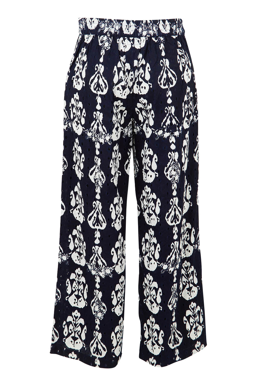 Product shot of the Verona Cotton Broderie Pant in colour Navy (Blue), from the back