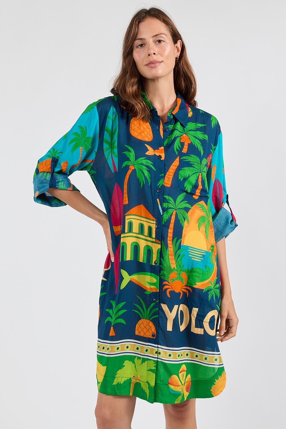 Model Genericm wearing size sample of the Yolo Shirtmaker Dress – Navy in colour Navy, in a cropped view