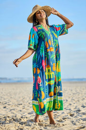 Model Eshan wearing size 10 of the Yolo Button Midi Dress – Navy in colour Navy, from the front