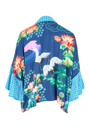 Product shot of the Yoshiko Bolero Jacket in colour Blue (Blue), from the back