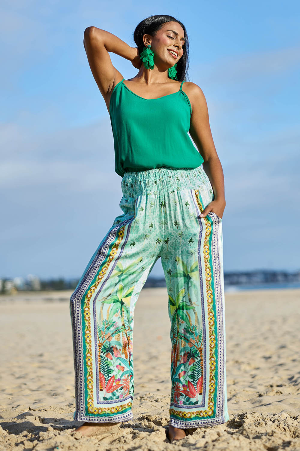 Model Eshan wearing size 10 of the Zilara Pant – Mist in colour Mist, from the front