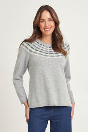 Model Madeline wearing size S of the Brigitte Lambswool Sweater in colour Grey (Grey), from the front, cropped image