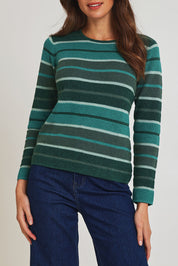 Model Madeline wearing size S of the Chloe Merino Cotton Sweater in colour Emerald (Green), from the front, cropped image