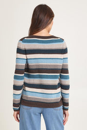 Model Madeline wearing size S of the Mathilde Organic Cotton Sweater in colour Darkbrown (Blue), from the back