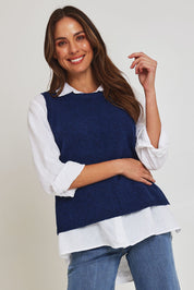 Model Madeline wearing size S of the Mitos Vest in colour Darkblue (Blue), from the front, cropped image