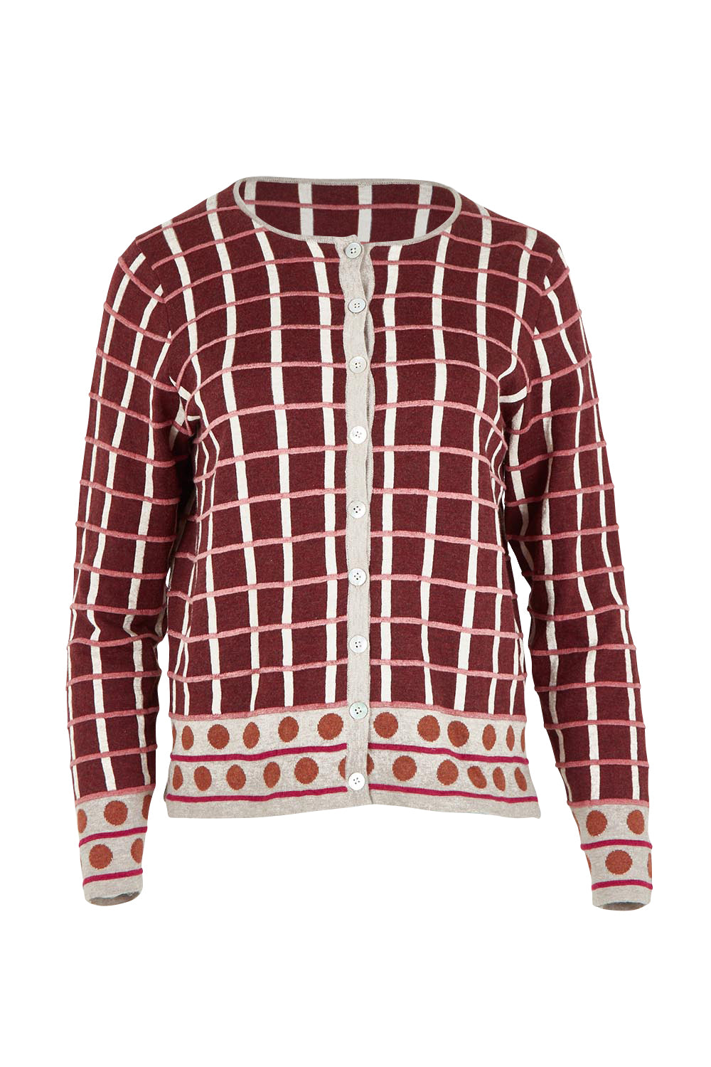 Product shot of the Odette Organic Cotton Cardigan in colour Spice (Red), from the front