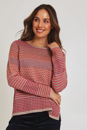 Model Madeline wearing size S of the Rihanna Organic Cotton Sweater in colour Mushroom, from the front, cropped image