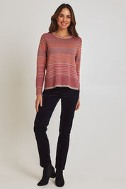 Model Madeline wearing size S of the Rihanna Organic Cotton Sweater in colour Mushroom, from the front, showing the whole outfit