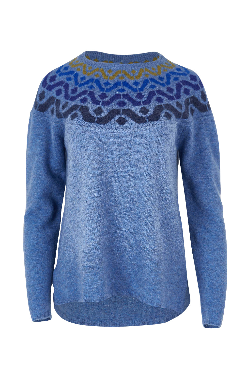 Product shot of the Vonda Sweater in colour Denim (Blue), from the front