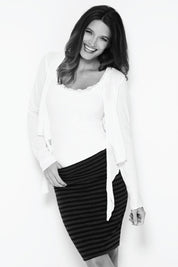 A model wearing the Basic Tie Long Sleeve Wrap Cardi in colour White (White), from the front, showing the whole outfit
