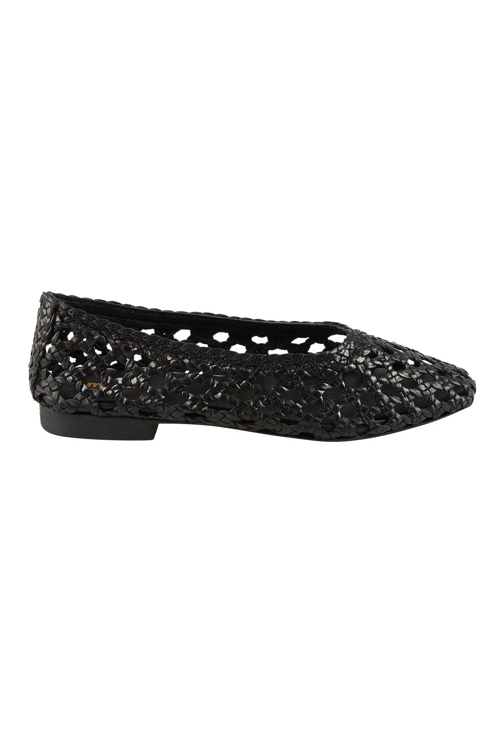 Product shot of the Doetta Leather Woven Flat in colour Black (Black), from the front