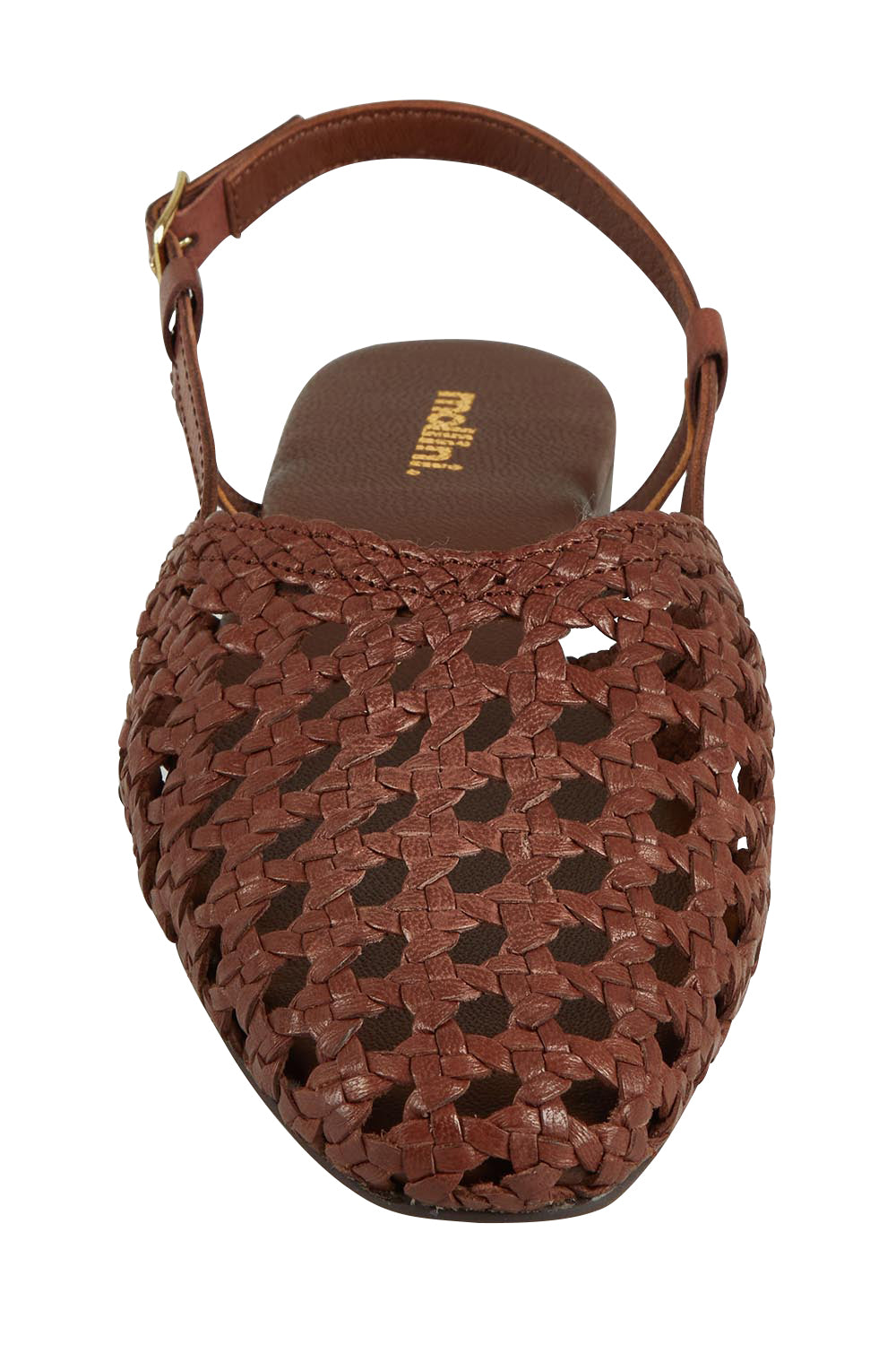 Product shot of the Drasa Leather Woven Flat Heel in colour Chocolate, detail