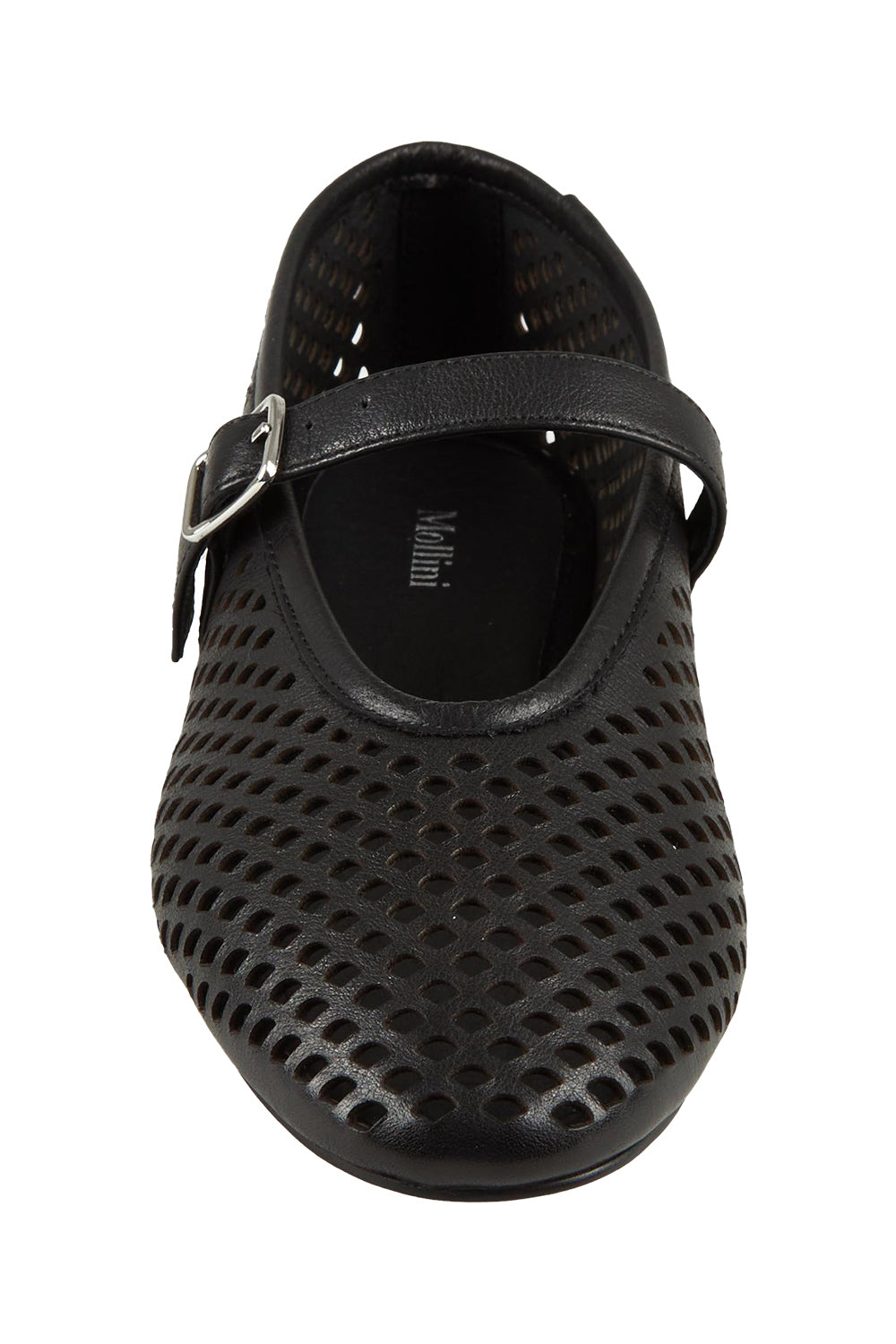 Product shot of the Elony Leather Flat in colour Blackleath (Black), detail