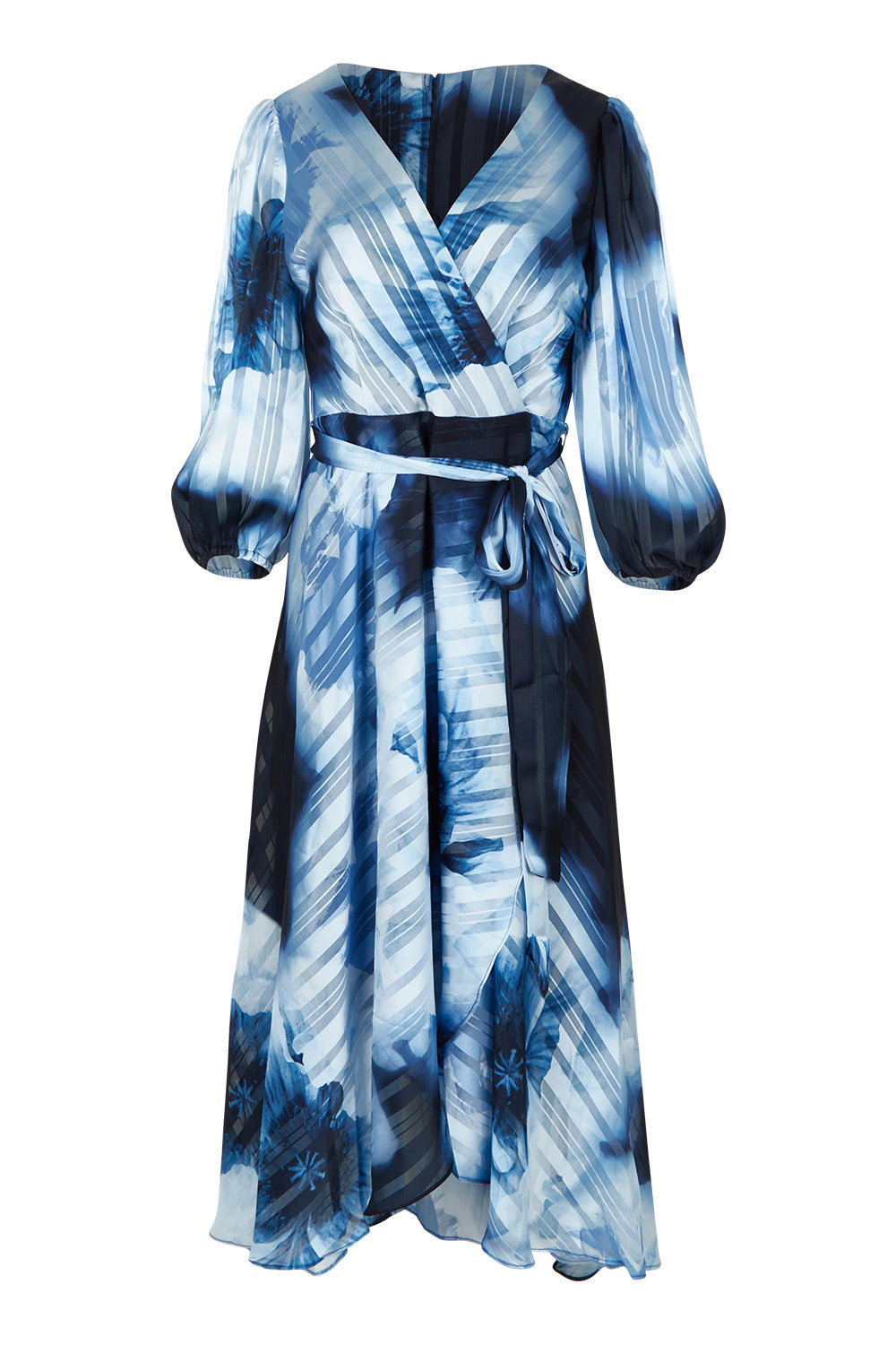 Product shot of the Salina Printed Maxi Dress in colour Navysky (Blue), from the front