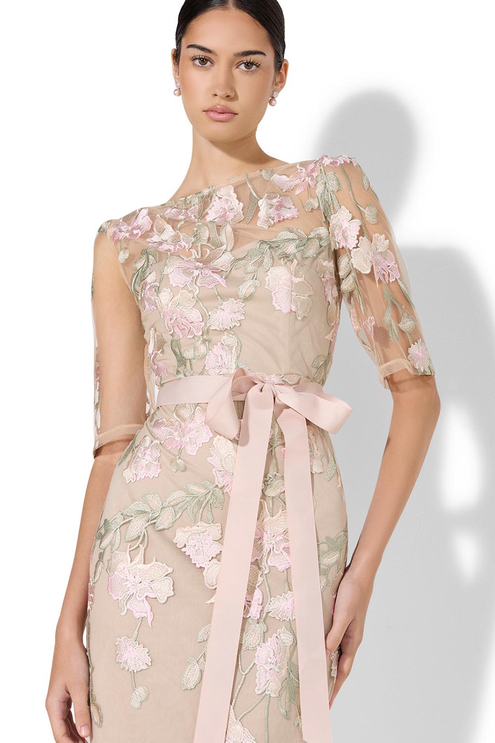 Model Genericm wearing size sample of the Raya Embroidered Gown - Pink in colour Pink, in a cropped view