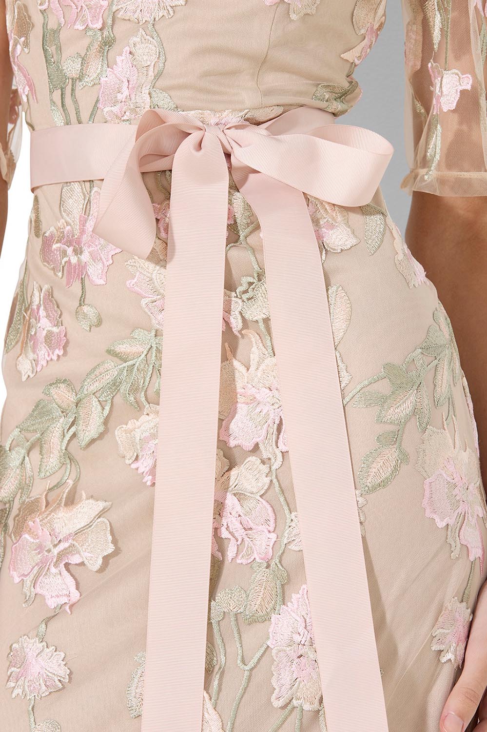 Model Genericm wearing size sample of the Raya Embroidered Gown - Pink in colour Pink, in a cropped view