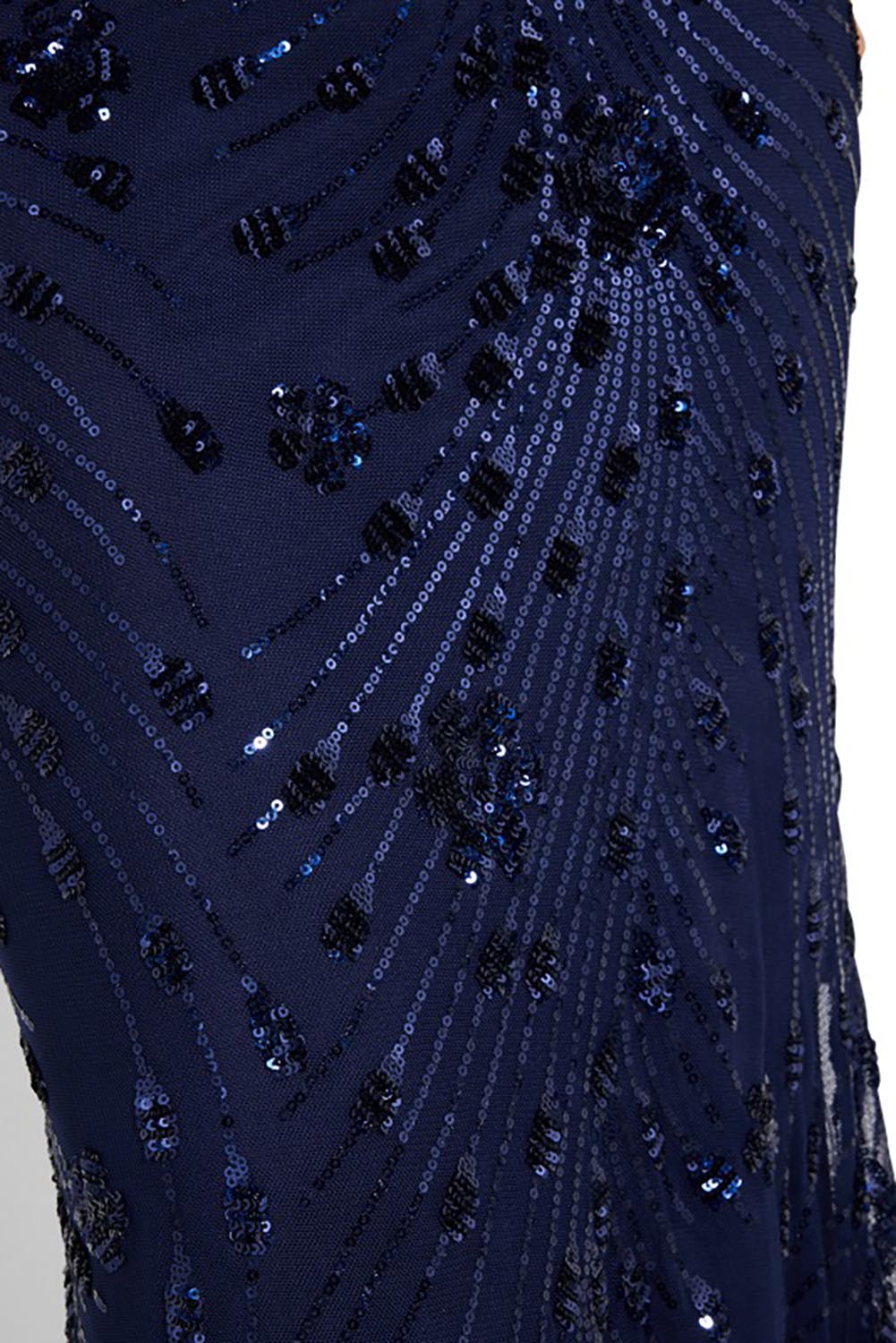 A model wearing the Aria Sequin Maxi Gown in colour Navy (Blue), from the front, cropped image