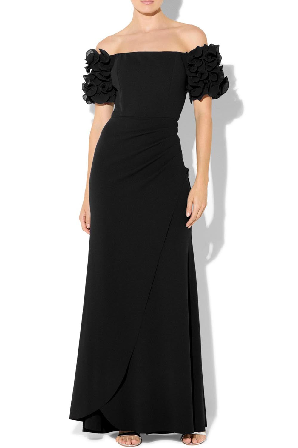 A model wearing the Diana Ruffle Sleeve Gown in colour Black (Black), from the front, cropped image