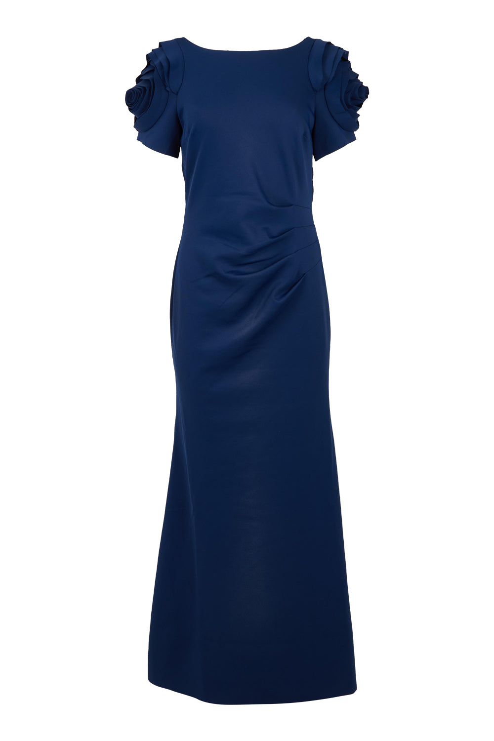 Product shot of the Monet Rosette Sleeve Gown in colour Navy (Blue), from the front