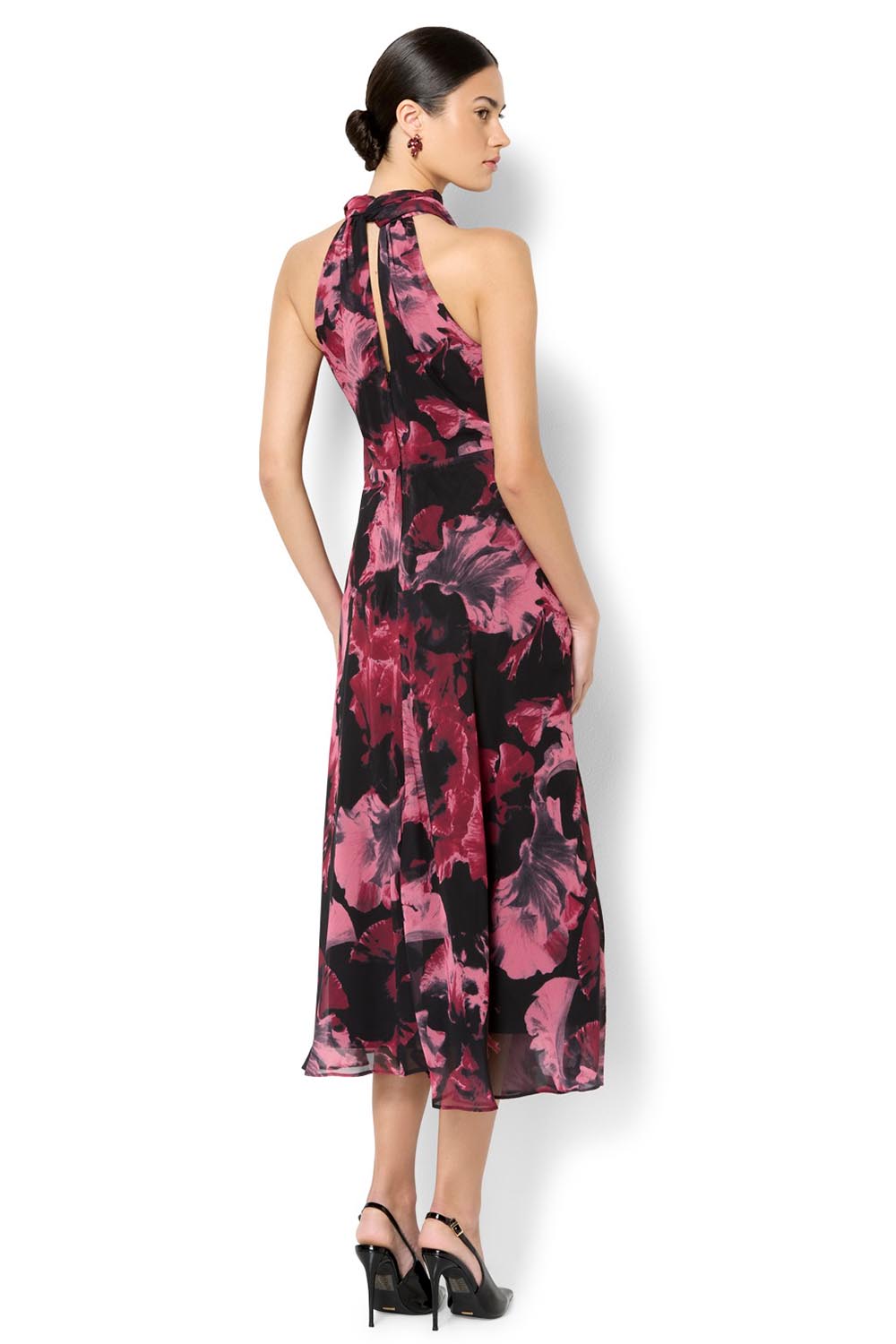 A model wearing the Imogen Merlot Floral Midi Dress in colour Merlot (Red), from the back