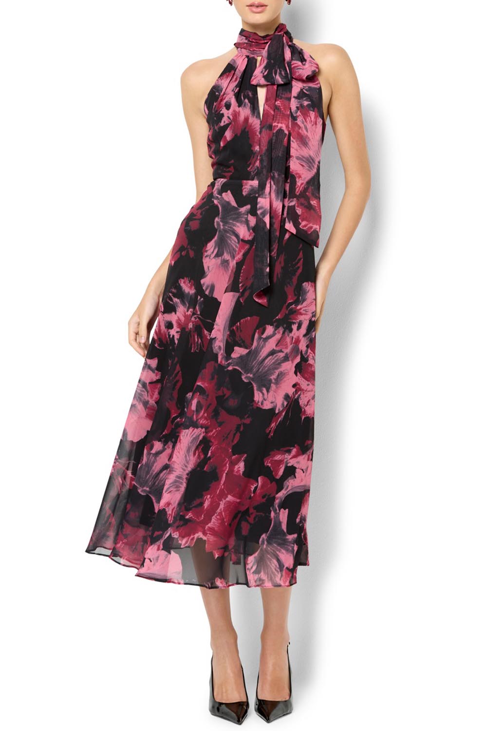 A model wearing the Imogen Merlot Floral Midi Dress in colour Merlot (Red), from the front, cropped image