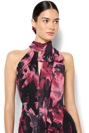 A model wearing the Imogen Merlot Floral Midi Dress in colour Merlot (Red), from the front, cropped image