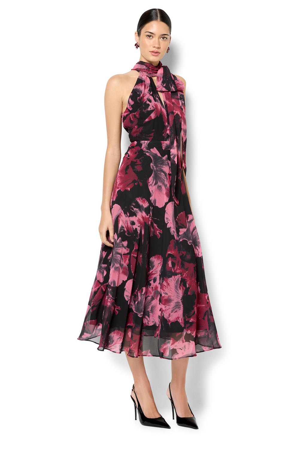 A model wearing the Imogen Merlot Floral Midi Dress in colour Merlot (Red), from the front, showing the whole outfit