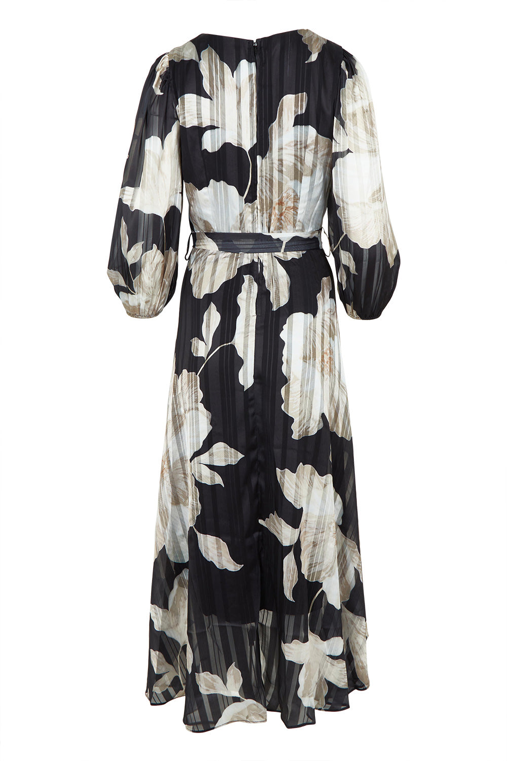 Product shot of the Soraya Printed Maxi Dress in colour Blackprint (Black), from the back